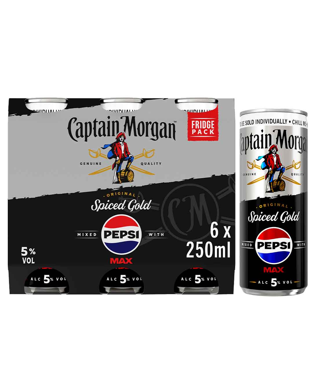 Captain Morgan Spiced & Pepsi Max Premixed Cocktail Can Multipack, 6 x 250 ml Ready Made Cocktails
