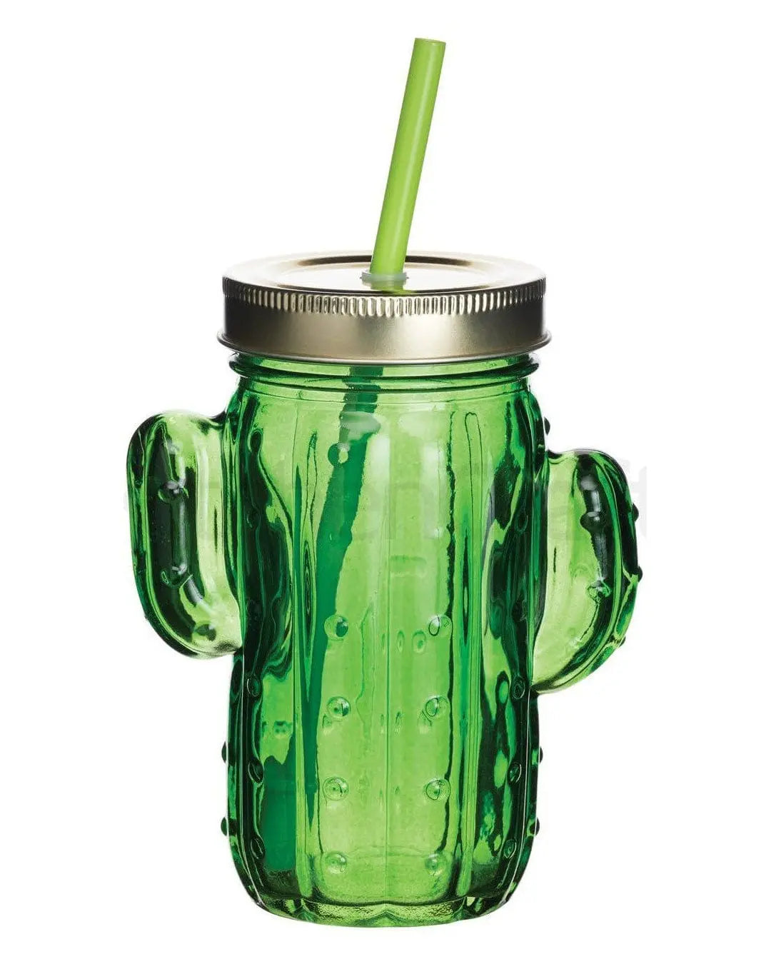 BarCraft Cactus Drinks Jar with Straw Green Glass, 400 ml Barware