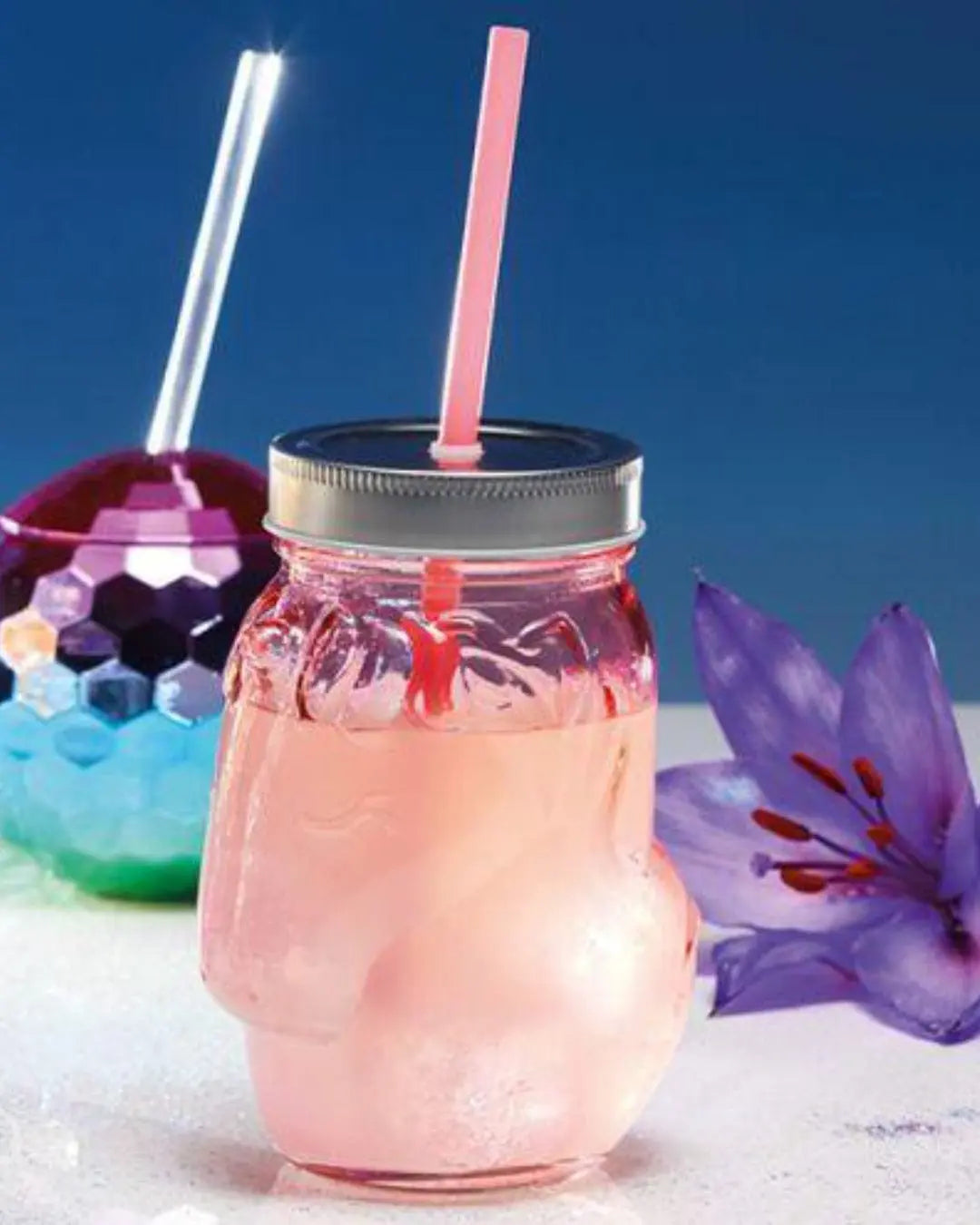 BarCraft Unicorn Drinks Jar with Straw Pink Glass, 500 ml Barware