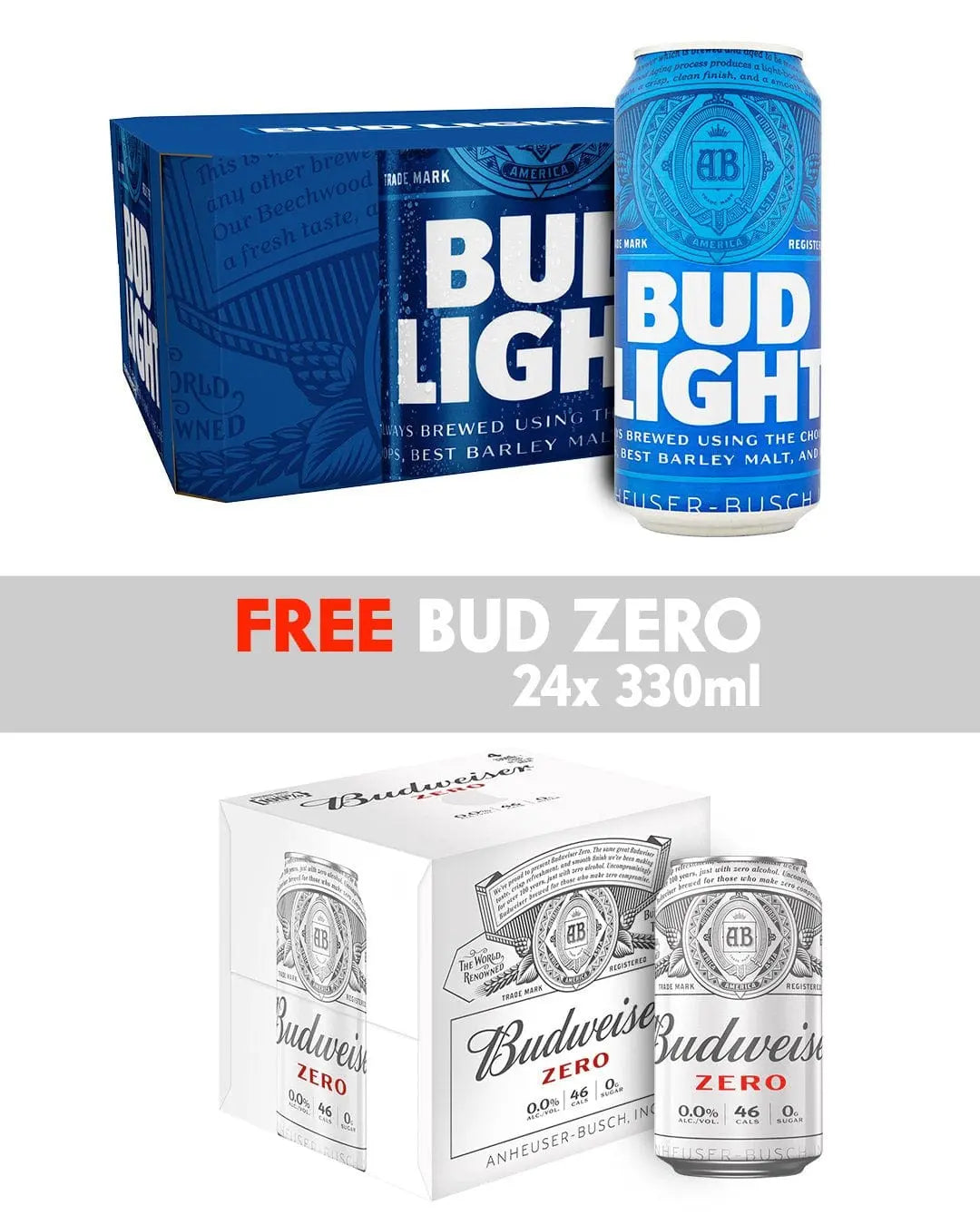 Bud Light Lager Beer Multipack, 24 x 568 ml + FREE BUDWEISER 0.0% 24 x 330 ml Beer 5014379004991