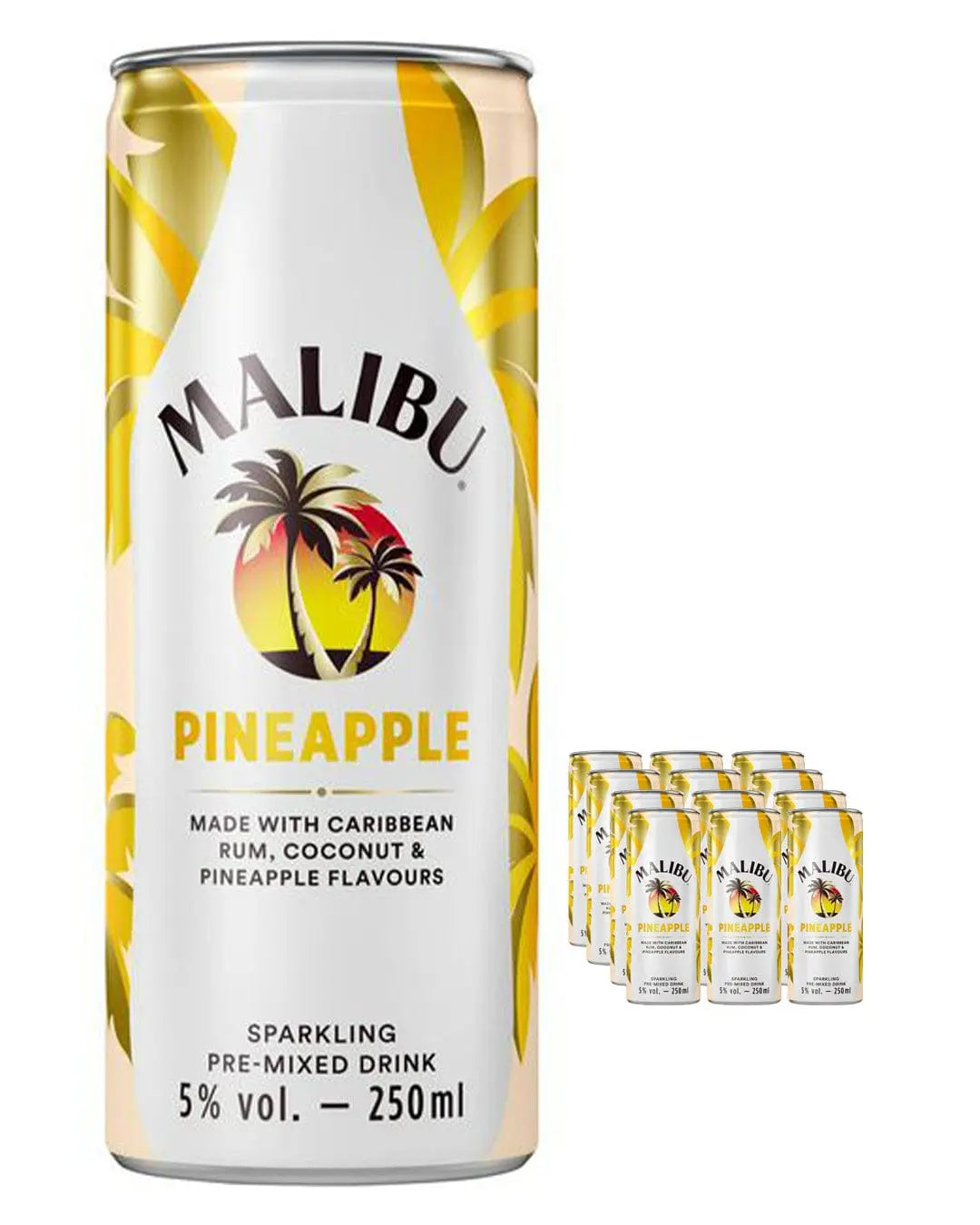 Malibu Coconut Rum & Pineapple Pre-Mixed Can Multipack, 12 x 250 ml Ready Made Cocktails
