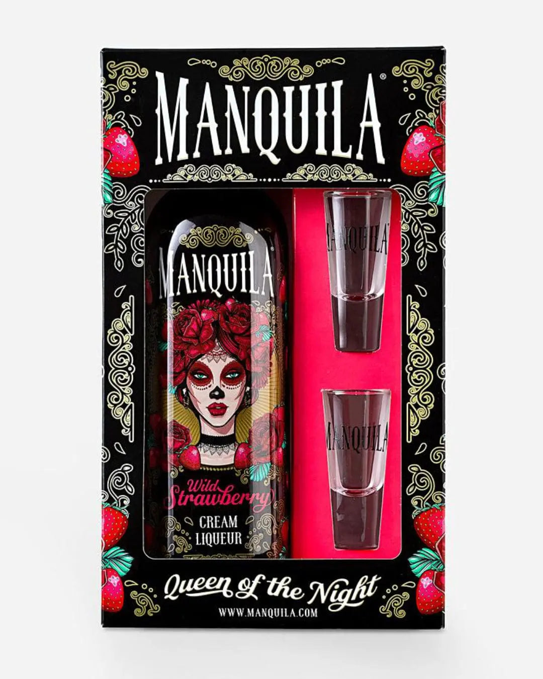 Manquilla Wild Strawberry Cream Liqueur and Shot Glasses Gift Set, 70 cl Liqueurs & Other Spirits
