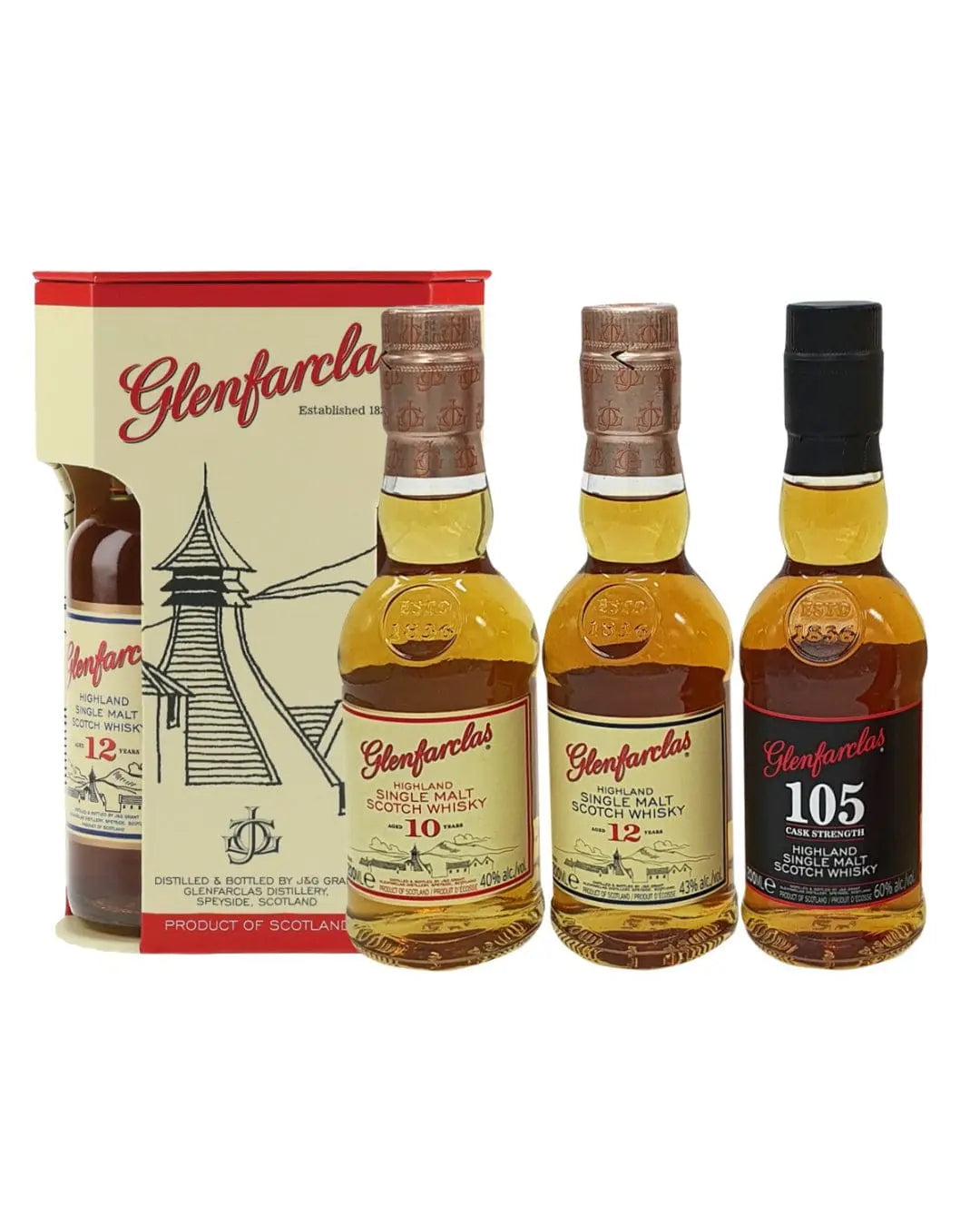 Glenfarclas 10, 12 and 105 Year Old Highland Single Malt Scotch Whisky Gift Pack, 20 cl Spirit Miniatures