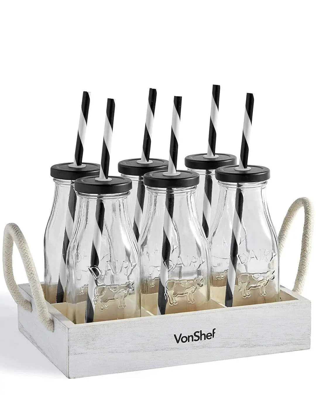 VonShef Set of 6 Glass Milk Bottles With Stand Tableware